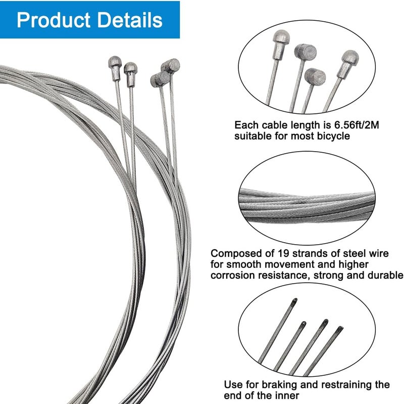 CKANDAY 4 Pcs Bike Brake Cable Kit, Road Bike & Universal Standard Bicycle Brake Cable, Professional Bicycle Brake line for Mountain MTB, with 2.5M Brake Cable Housing & Crimps Accessories 2M - Image 3